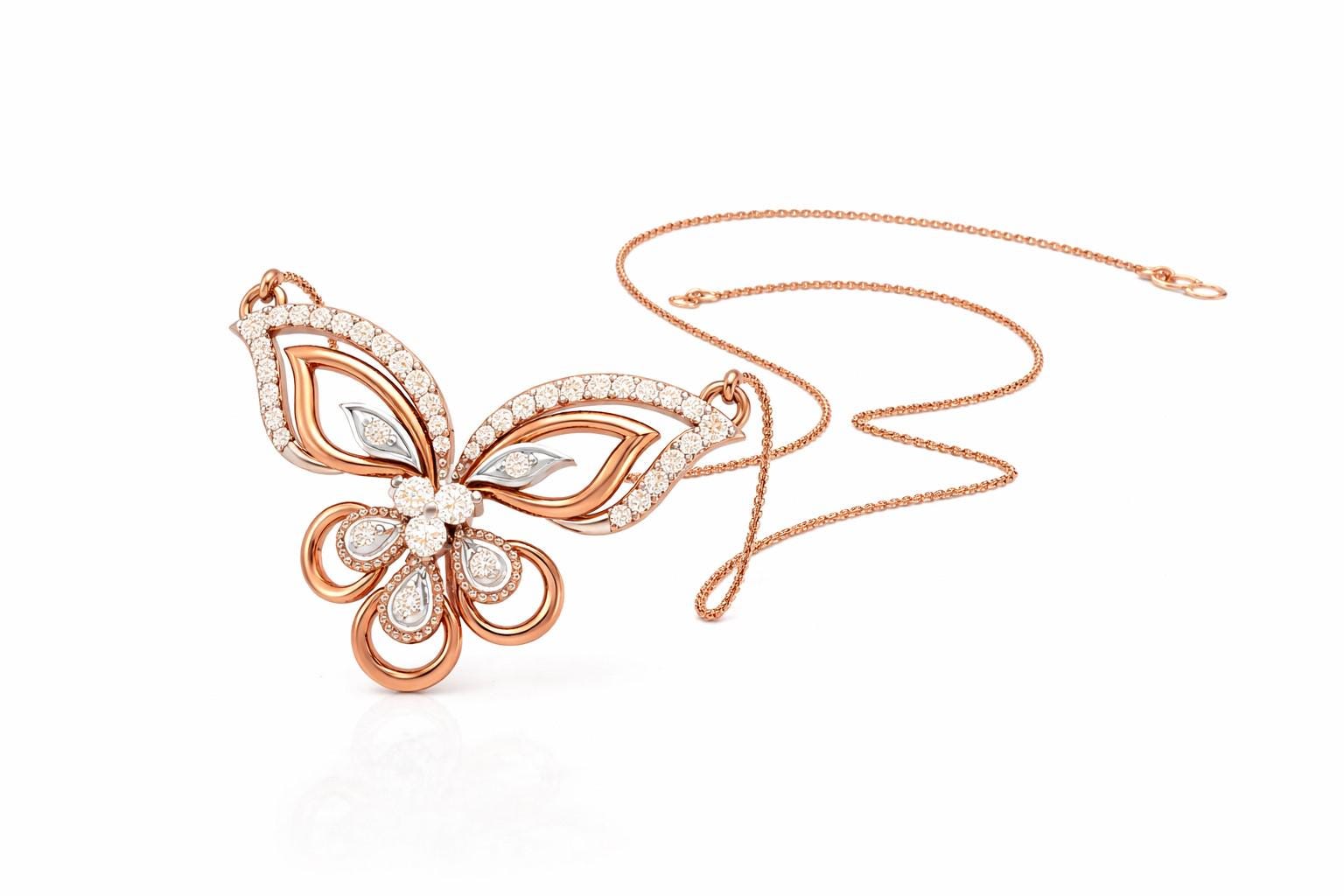 Rose gold butterfly moissanite necklace with elegant pendant and adjustable chain, perfect for bridal or luxury jewelry.