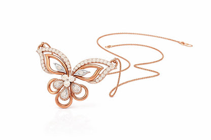 Rose gold butterfly moissanite necklace with elegant pendant and adjustable chain, perfect for bridal or luxury jewelry.