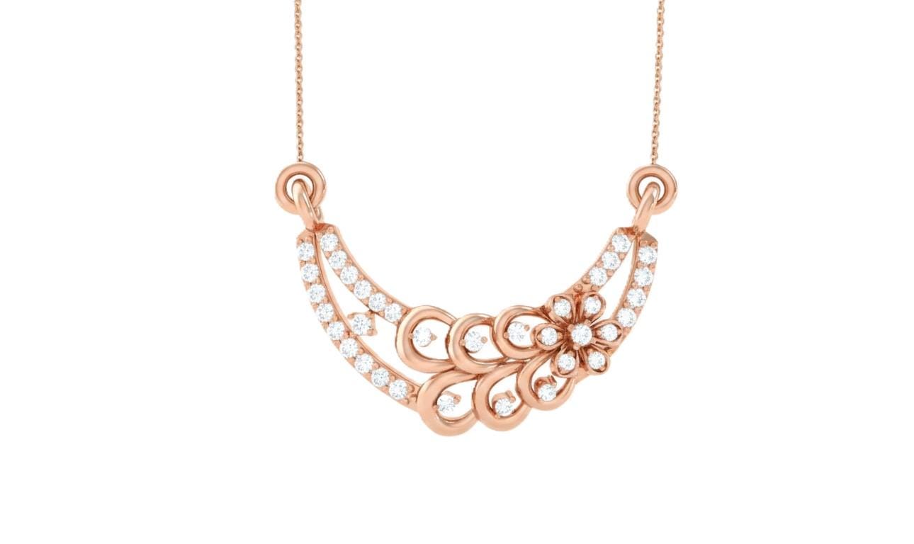 Rose gold moissanite diamond pendant necklace with minimalist design, delicate bridal jewelry, featuring a dainty, shimmering gemstone.