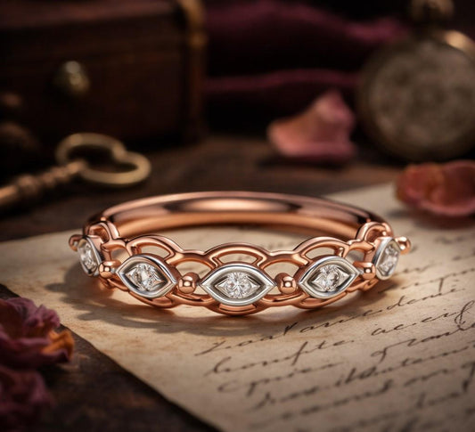 Vintage moissanite wedding band with marquise diamond style, art deco design, minimalist rose gold finish, by Riora.
