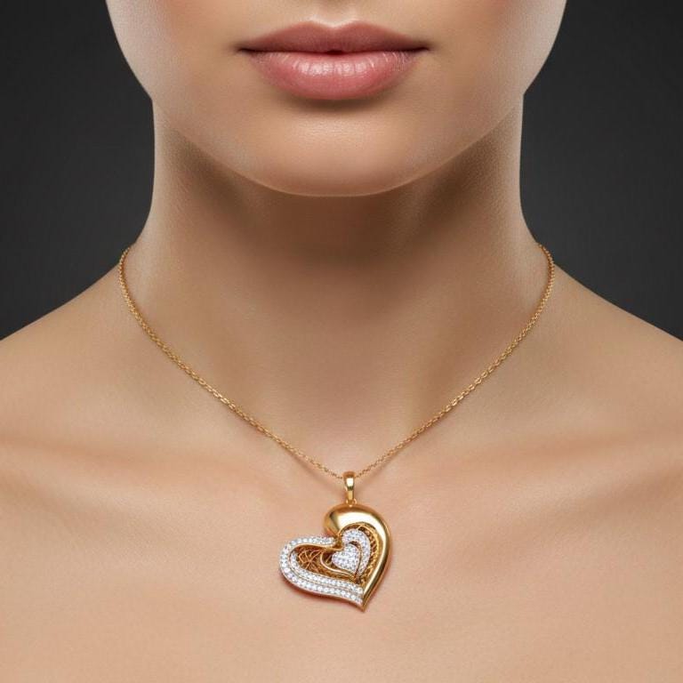 Moissanite Heart Pendant Necklace – Rose Gold Filigree, Adjustable Chain