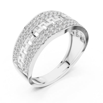 Riora wide CZ Greek band ring in gold and silver, featuring a luxurious statement design for women, perfect for anniversaries or Valentine’s.