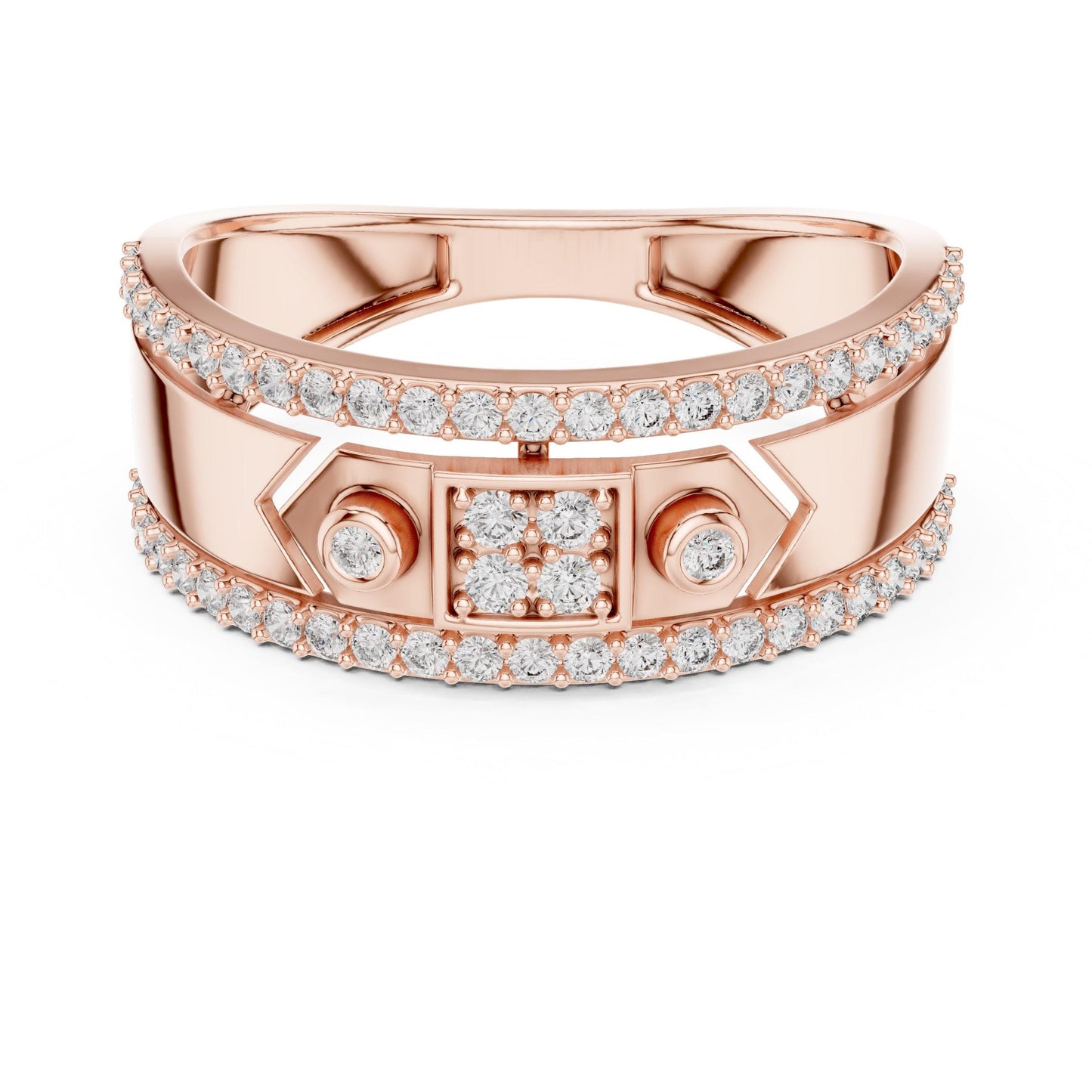 Riora luxury moissanite diamond statement ring for women with rose gold band, perfect for bridal or cocktail jewelry.