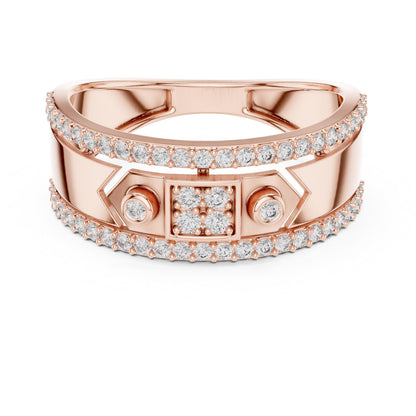 Riora luxury moissanite diamond statement ring for women with rose gold band, perfect for bridal or cocktail jewelry.