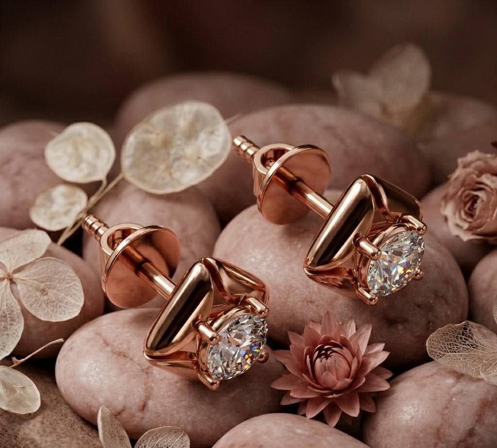 Riora moissanite diamond stud earrings in rose gold, gold, and silver with minimalist bridal design, perfect for wedding jewelry or gifts.