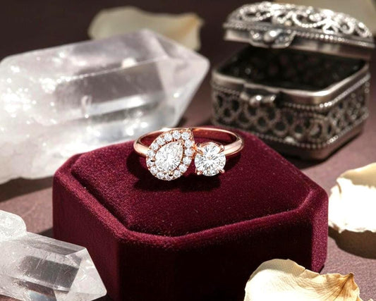 Two Stone CZ Ring | Pear & Round Halo | Gold, Rose Gold & Silver