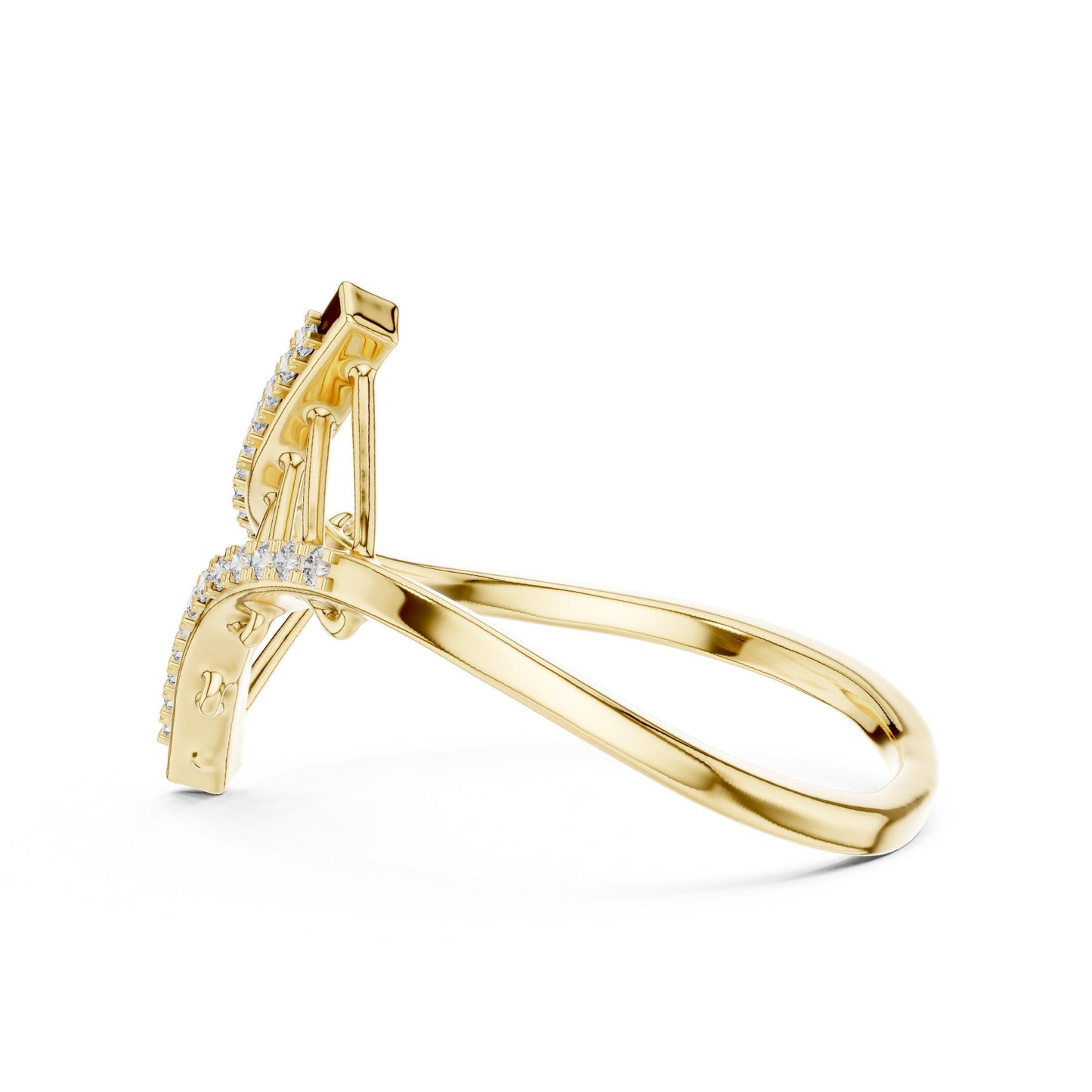 Rose gold curved moissanite crossover ring with open ladder design and minimalist style, featuring sparkling diamonds.