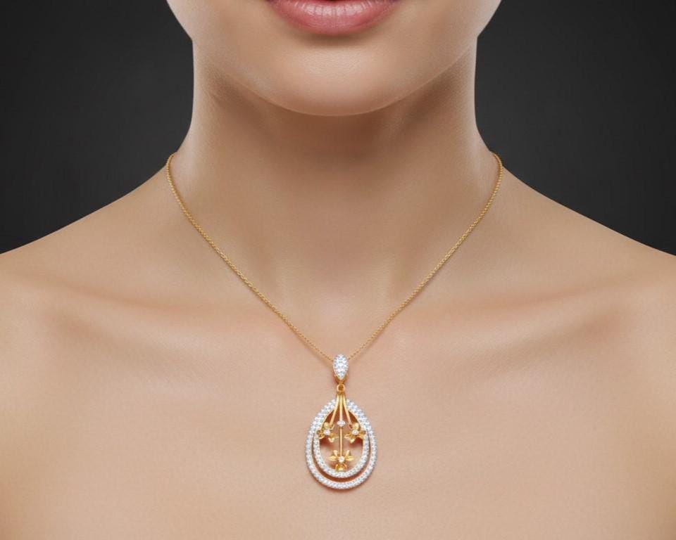 Moissanite Teardrop Pendant Necklace, Floral Diamond Look Charm in Gold Rose Gold Silver Gift