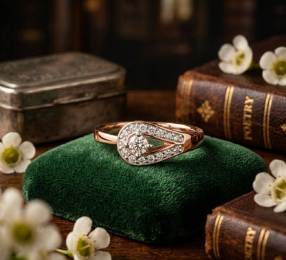 Riora Twisted Halo Moissanite diamond engagement ring in solid gold with vintage style, bridal wedding promise ring.