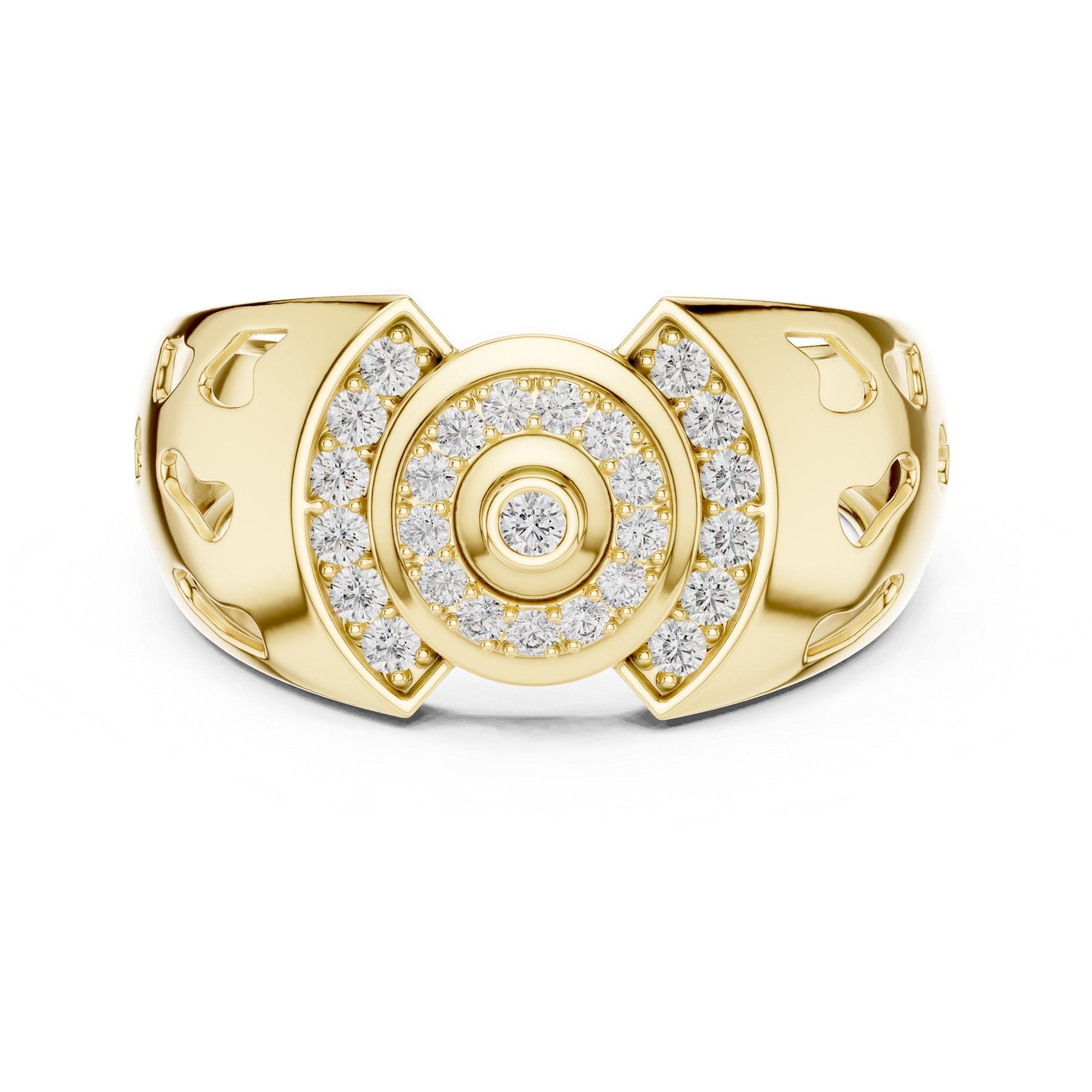 Riora luxury halo moissanite diamond statement ring in gold rose, bridal wedding jewelry with large central stone and intricate band design