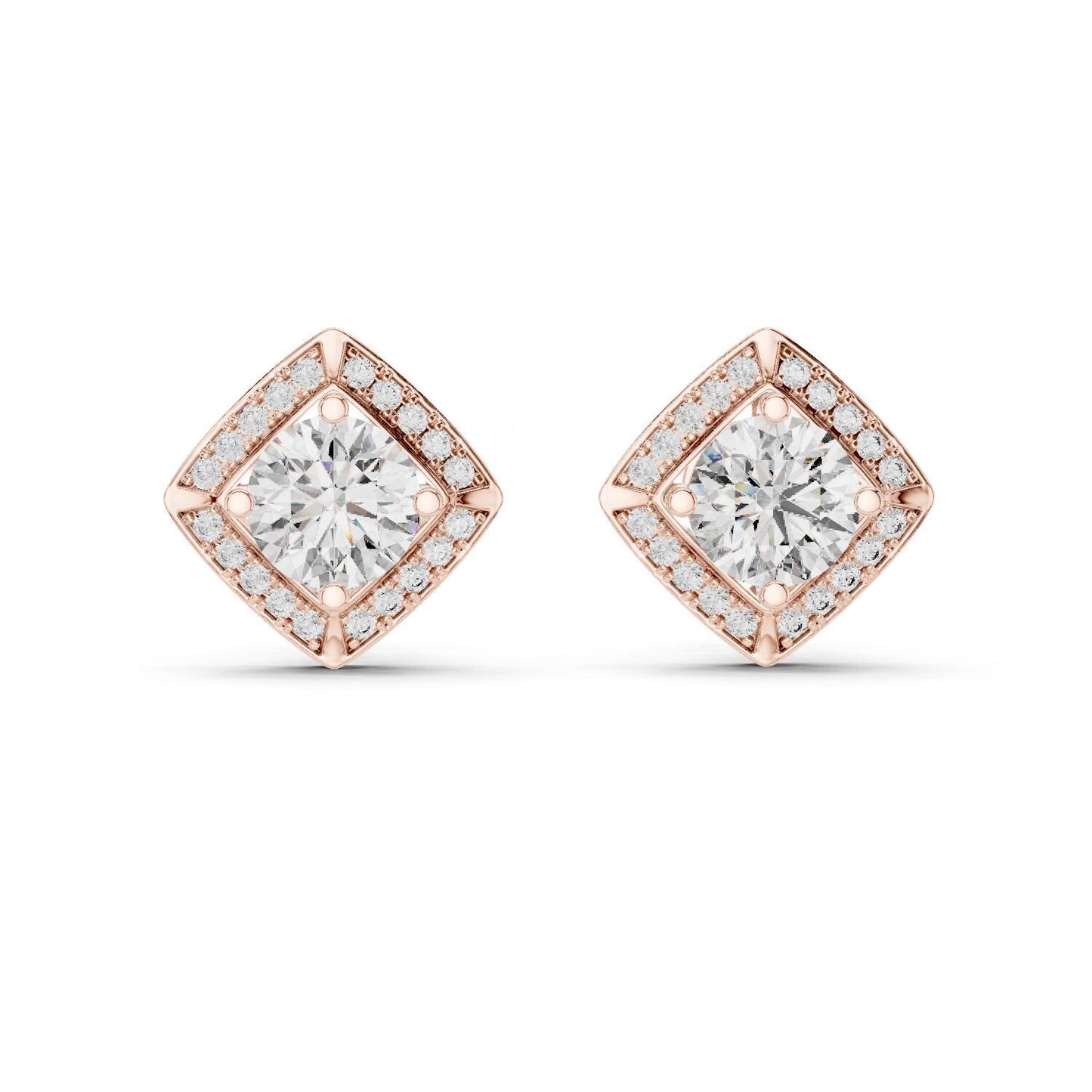 Riora moissanite diamond stud earrings in rose gold and silver, minimalist bridal jewelry for women.