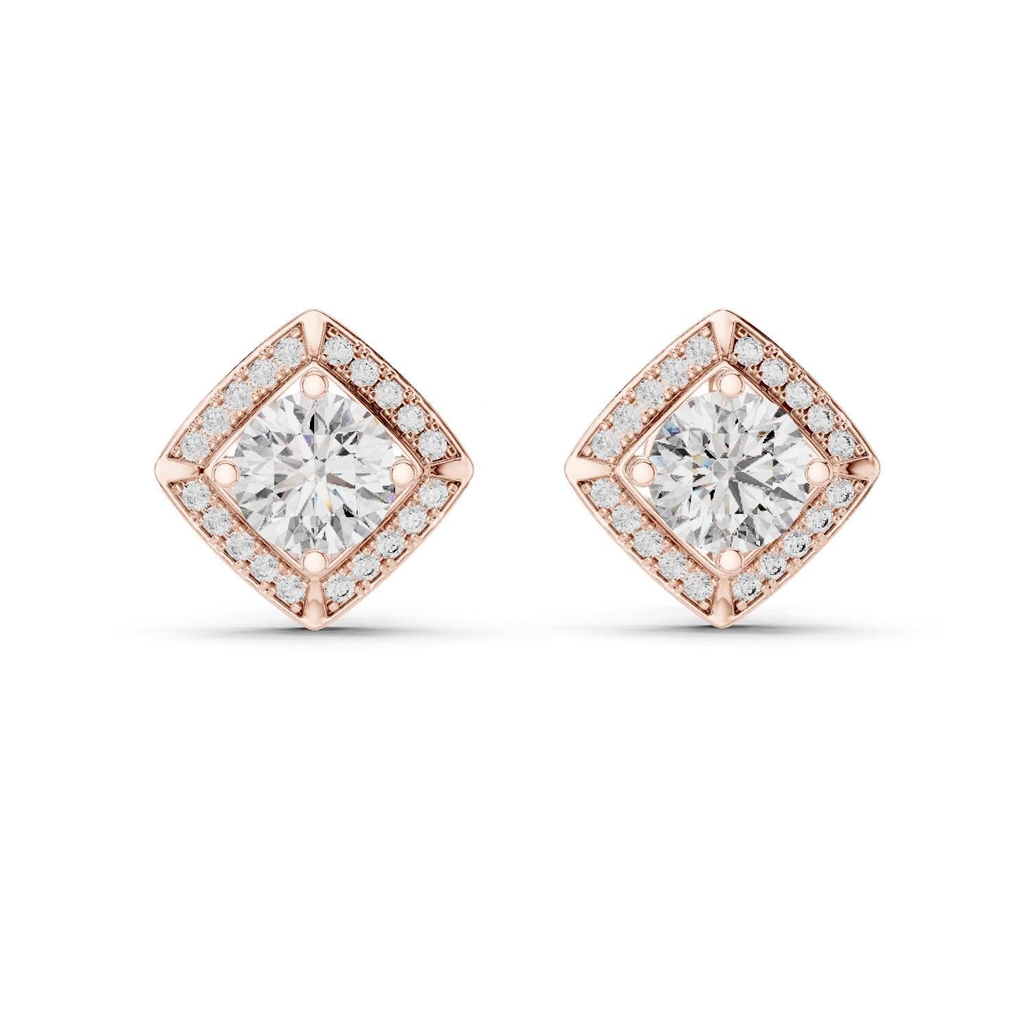 Riora moissanite diamond stud earrings in rose gold and silver, minimalist bridal jewelry for women.