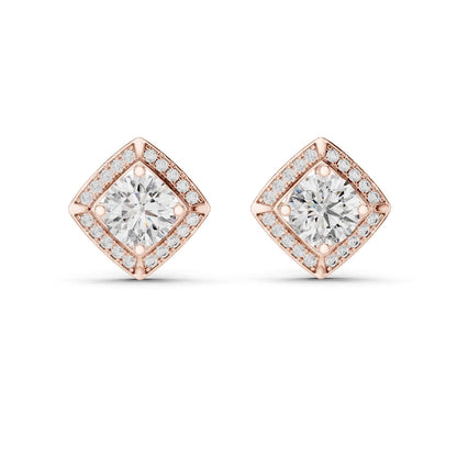 Riora moissanite diamond stud earrings in rose gold and silver, minimalist bridal jewelry for women.