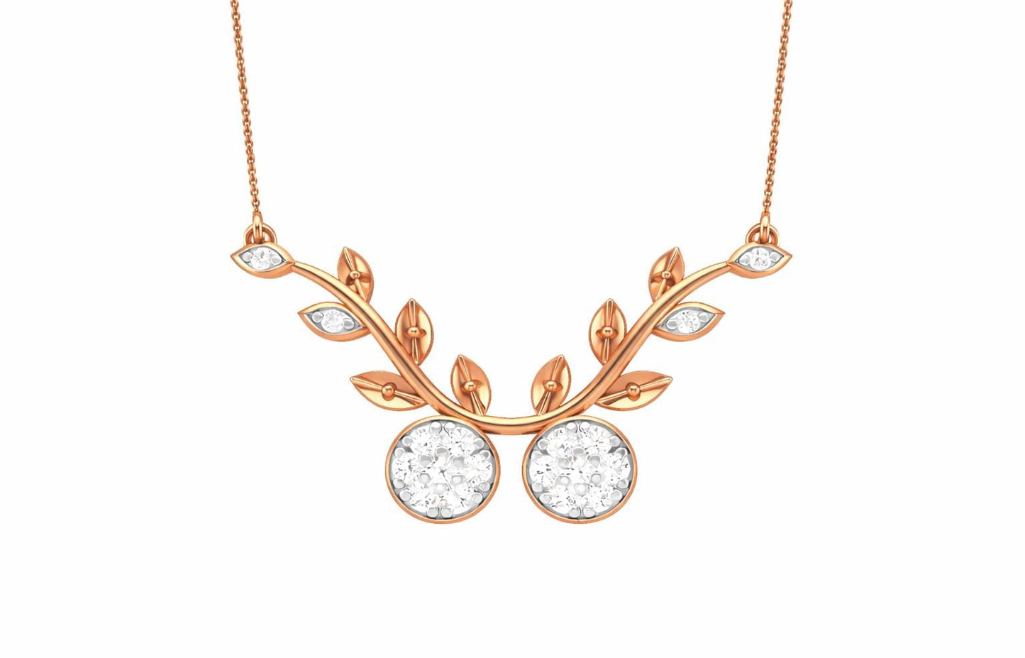 Riora moissanite cherry branch necklace with leaf pendant, rose gold and silver, minimalist bridal jewelry, nature-inspired design