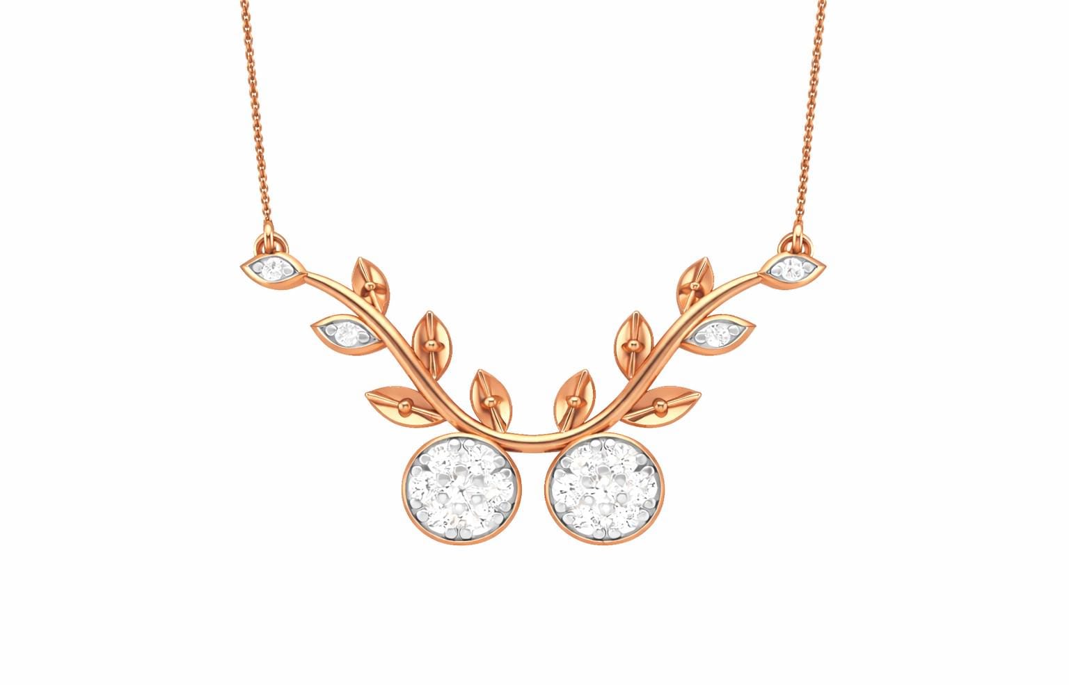Riora moissanite cherry branch necklace with leaf pendant, rose gold and silver, minimalist bridal jewelry, nature-inspired design
