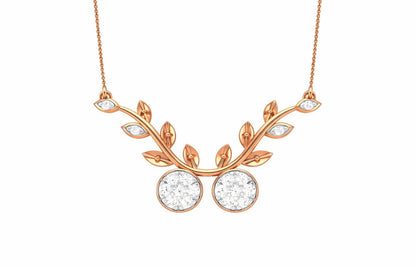 Riora moissanite cherry branch necklace with leaf pendant, rose gold and silver, minimalist bridal jewelry, nature-inspired design