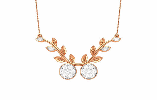 Riora moissanite cherry branch necklace with leaf pendant, rose gold and silver, minimalist bridal jewelry, nature-inspired design