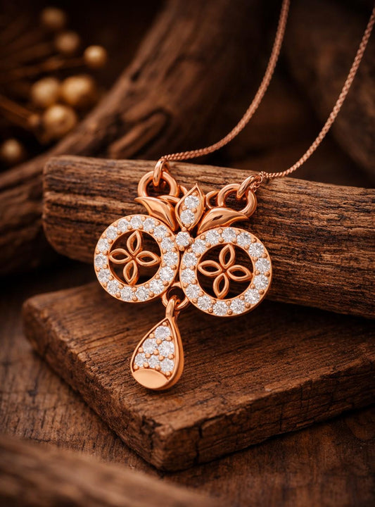 Elegant moissanite floral pendant necklace by Riora in gold, rose gold, and silver, featuring dainty floral design for women.