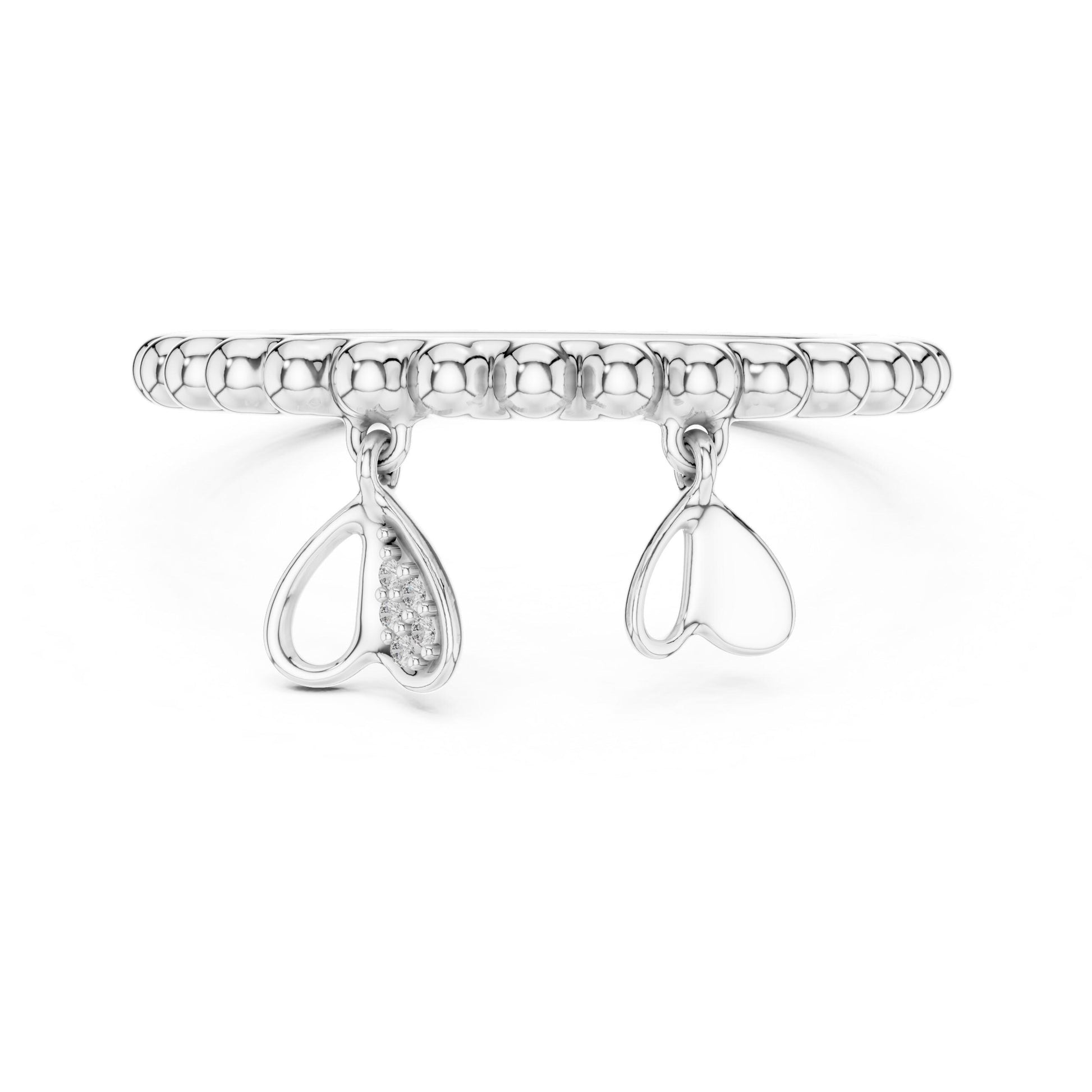 Rose gold moissanite heart charm ring with dangle design and beaded band, romantic minimal jewelry by Riora.