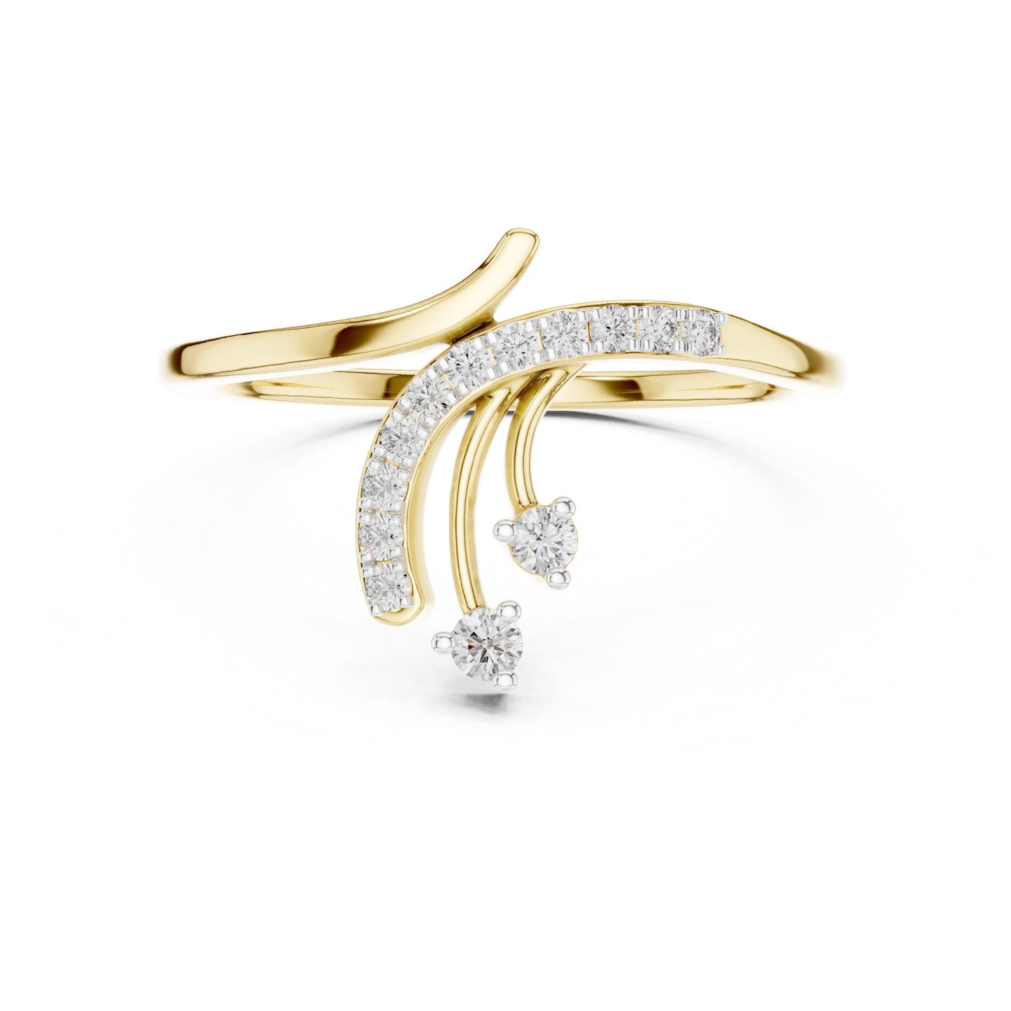 Riora moissanite curved diamond ring in gold, rose gold, and silver, minimalist stacking design with sparkling stones.