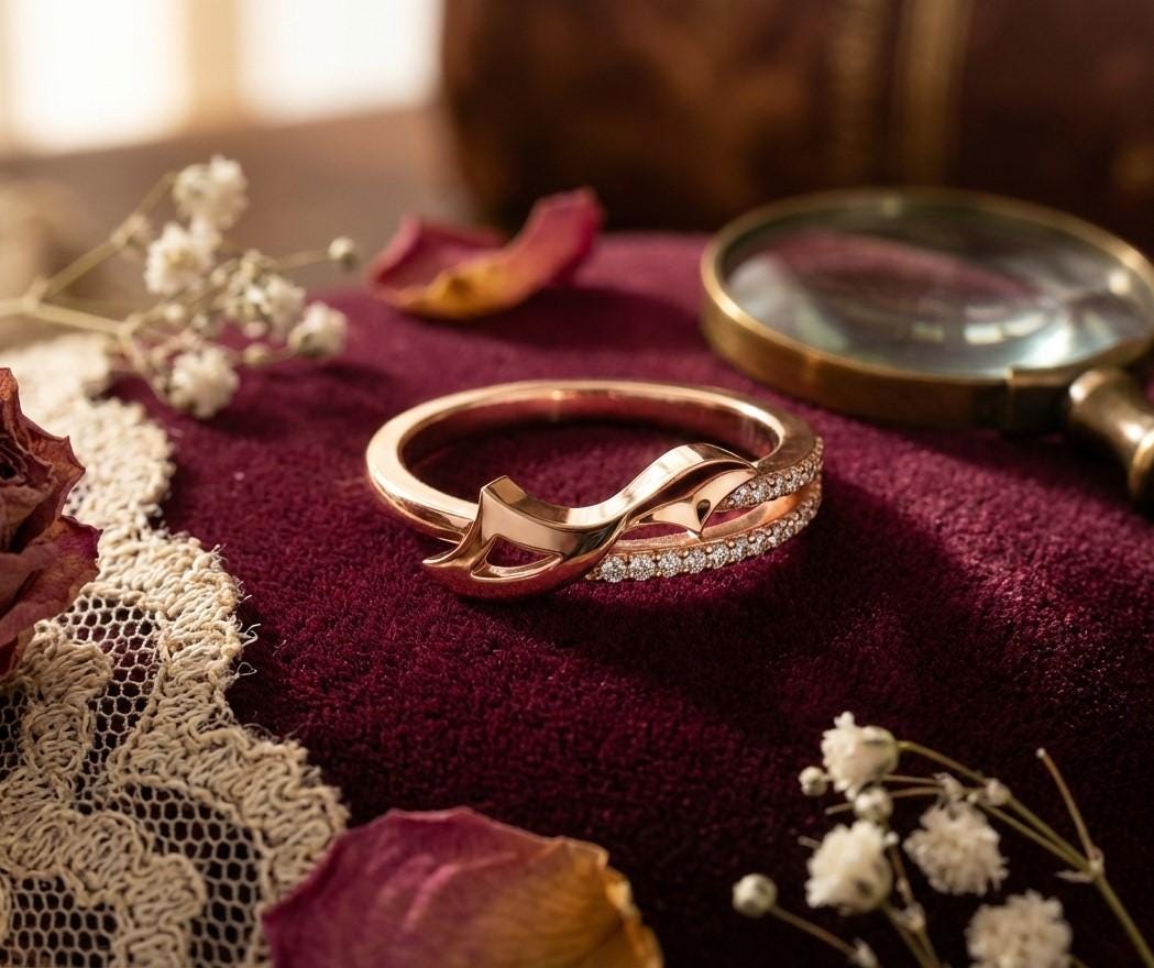 Riora Gold Rose Infinity Twist Moissanite Diamond Ring with minimalist design and stackable wedding band style.