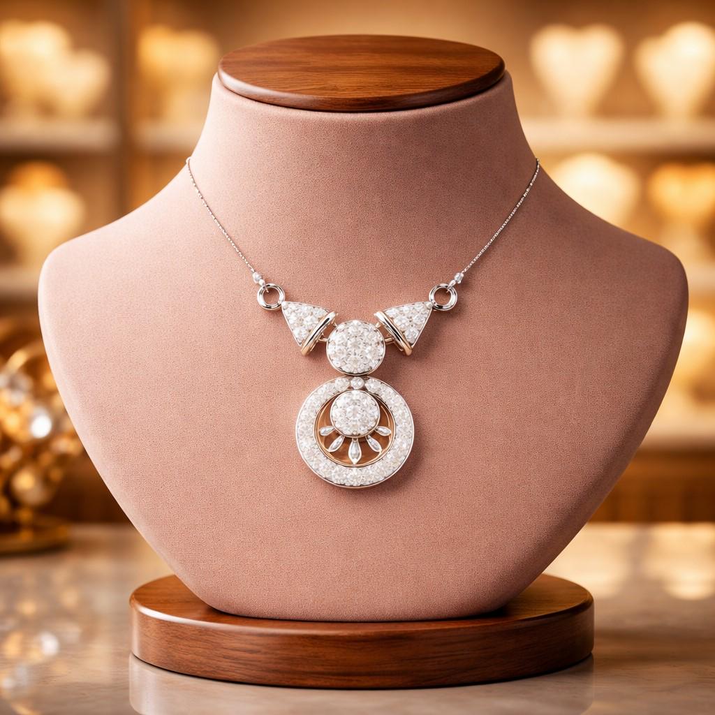 Riora moissanite statement pendant necklace with bridal halo drop design in rose gold and silver for women wedding jewelry
