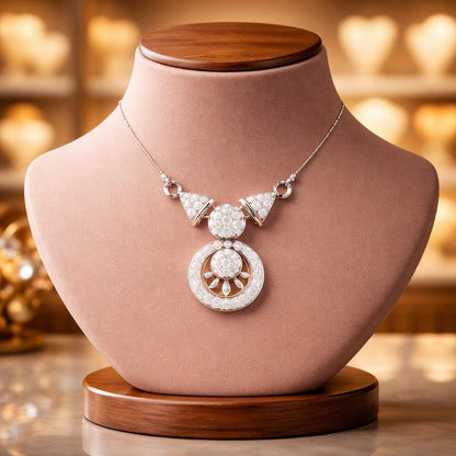 Riora moissanite statement pendant necklace with bridal halo drop design in rose gold and silver for women wedding jewelry