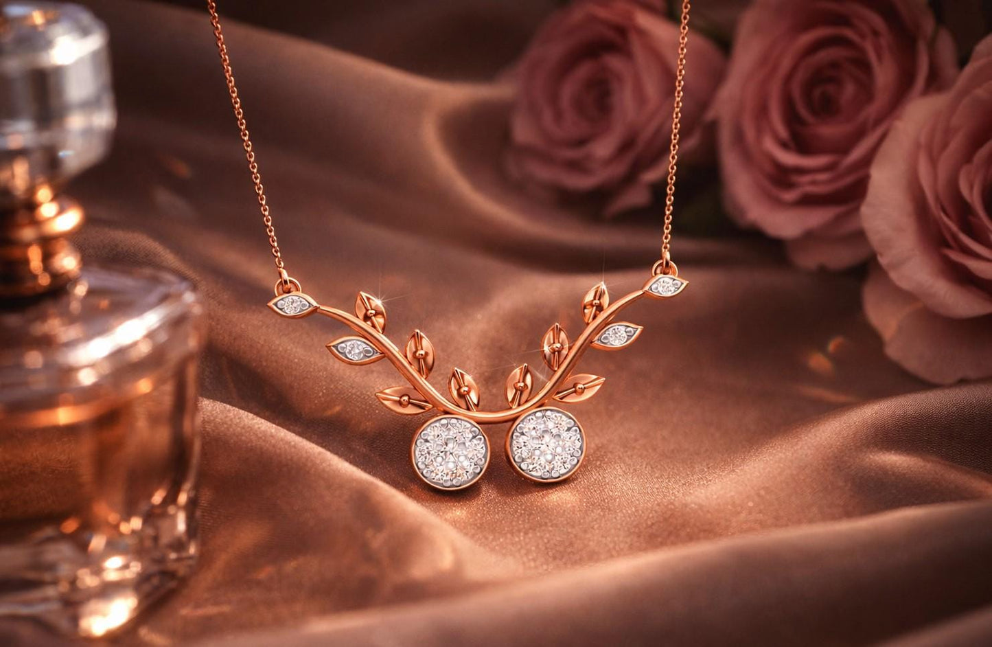 Riora Moissanite cherry branch necklace with leaf pendant in rose gold and silver, minimalist nature-inspired bridal jewelry.