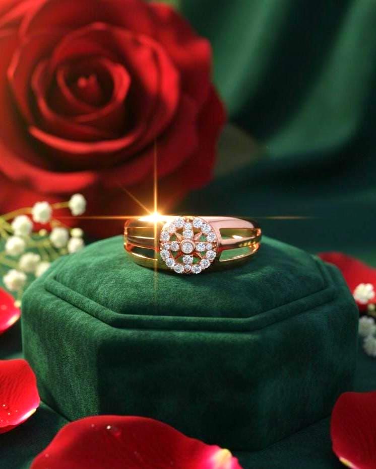 Riora luxury moissanite diamond halo ring in gold and silver, featuring a central sparkling gemstone and intricate band details.