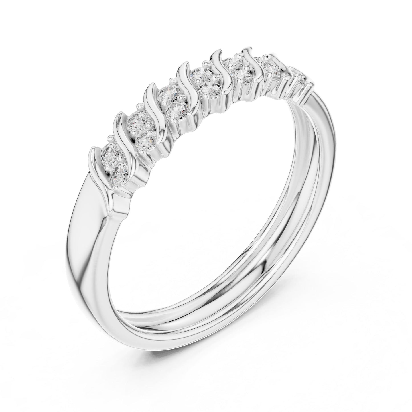 Riora moissanite curved diamond wave wedding band in rose gold and silver, featuring half eternity design for anniversaries.