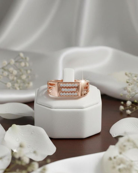 Riora luxury CZ panel ring with gold, rose, and silver tones, showcasing a hypoallergenic band perfect for anniversary or Valentine gift.