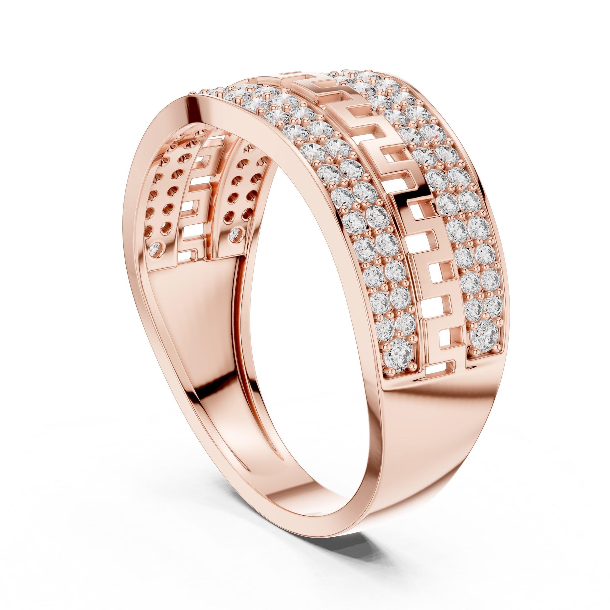 Riora wide CZ Greek band ring in gold and silver with luxury statement design for women, perfect for anniversaries or Valentine’s Day
