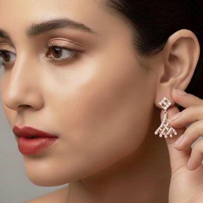 Moissanite Fan Drop Stud Earrings | Hypoallergenic Vintage Dangle | Gold, Rose Gold, Silver