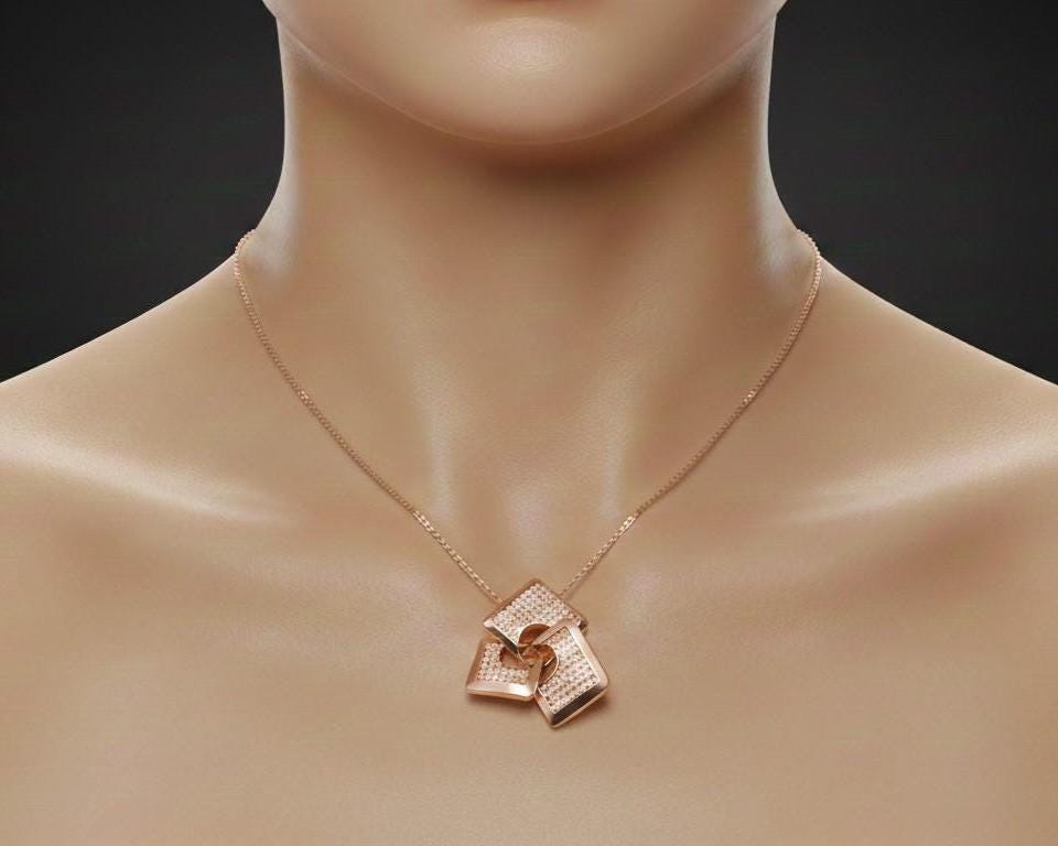 Moissanite Geometric Pendant Gold Rose Silver Statement Jewelry, Hypoallergenic Necklace Modern Luxury Chain