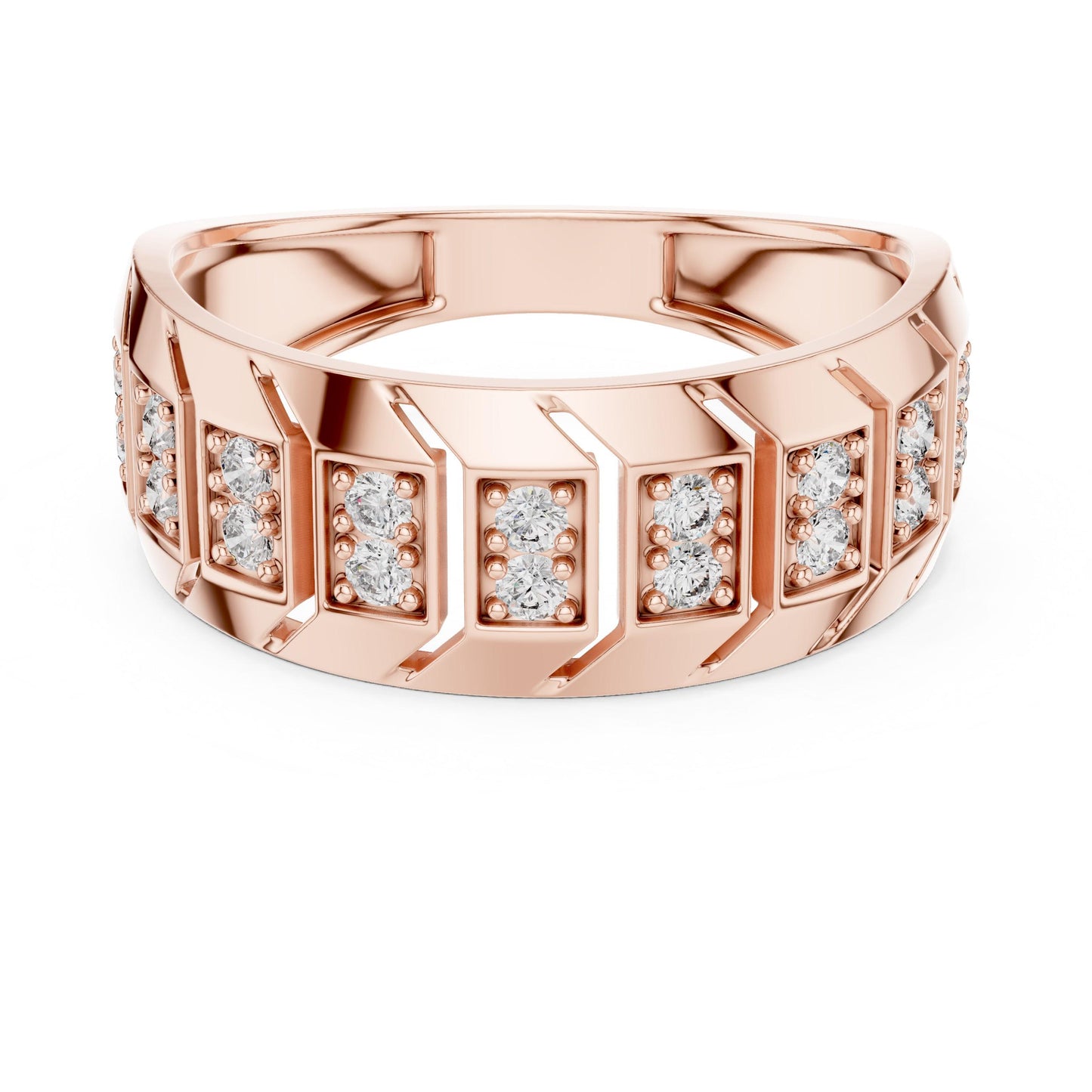 Gold rose hypoallergenic geometric band ring with chunky cubic zirconia, modern wedding or anniversary jewelry by Riora.