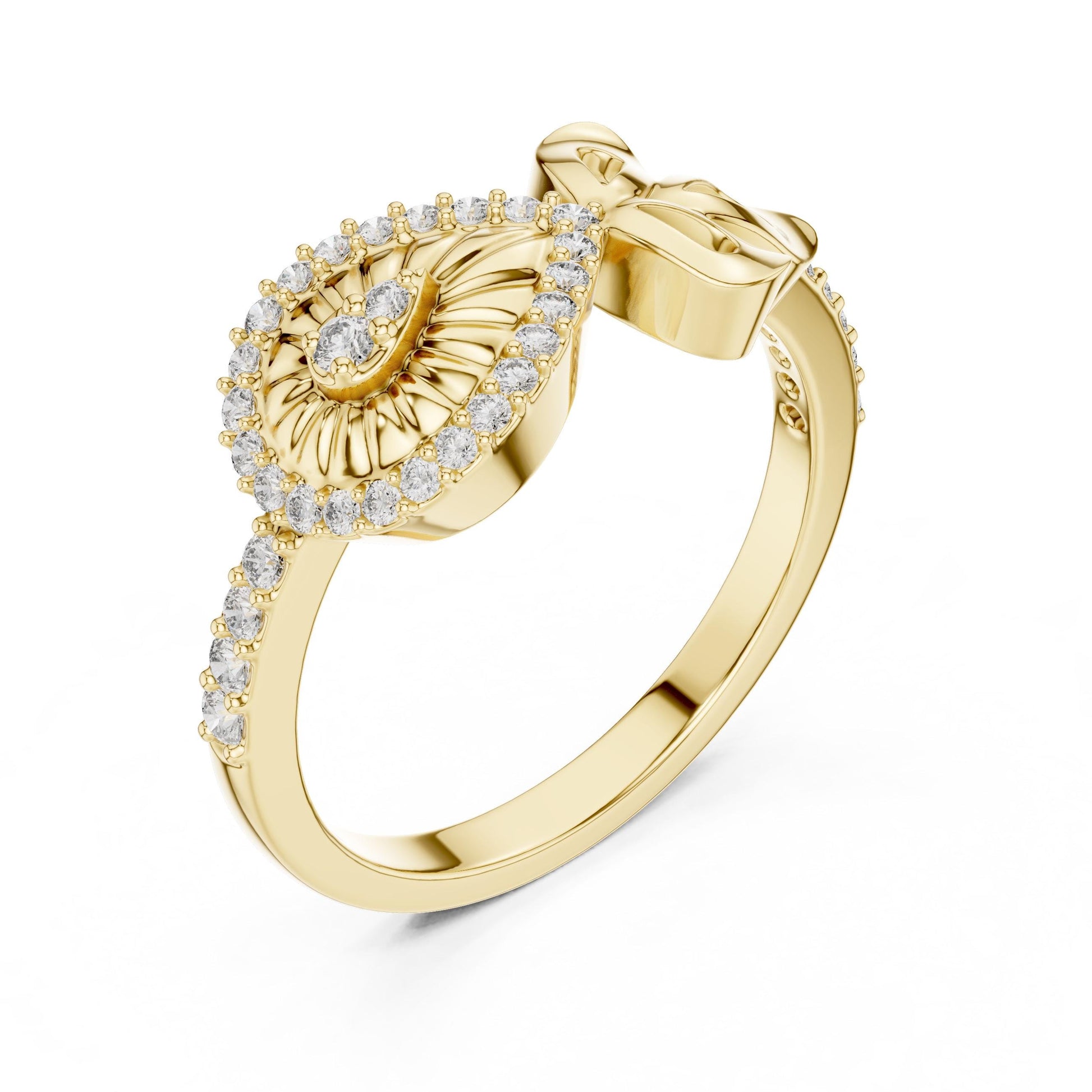 Vintage Riora eye bow ring with moissanite and diamond accents, featuring a dainty evil band design for women.