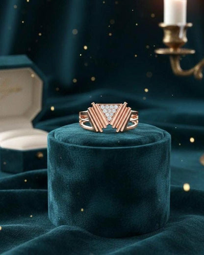 Rose gold geometric triangle moissanite diamond ring by Riora, minimalist modern design, perfect for women's promise or gift.