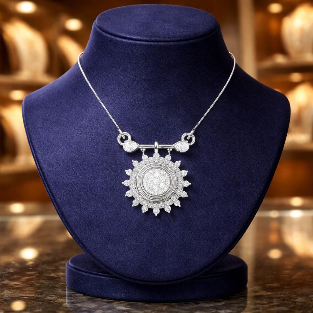 Riora Moissanite Sunburst Necklace with gold, rose, and silver finish, featuring a minimalistic sunburst pendant for bridal or elegant wear