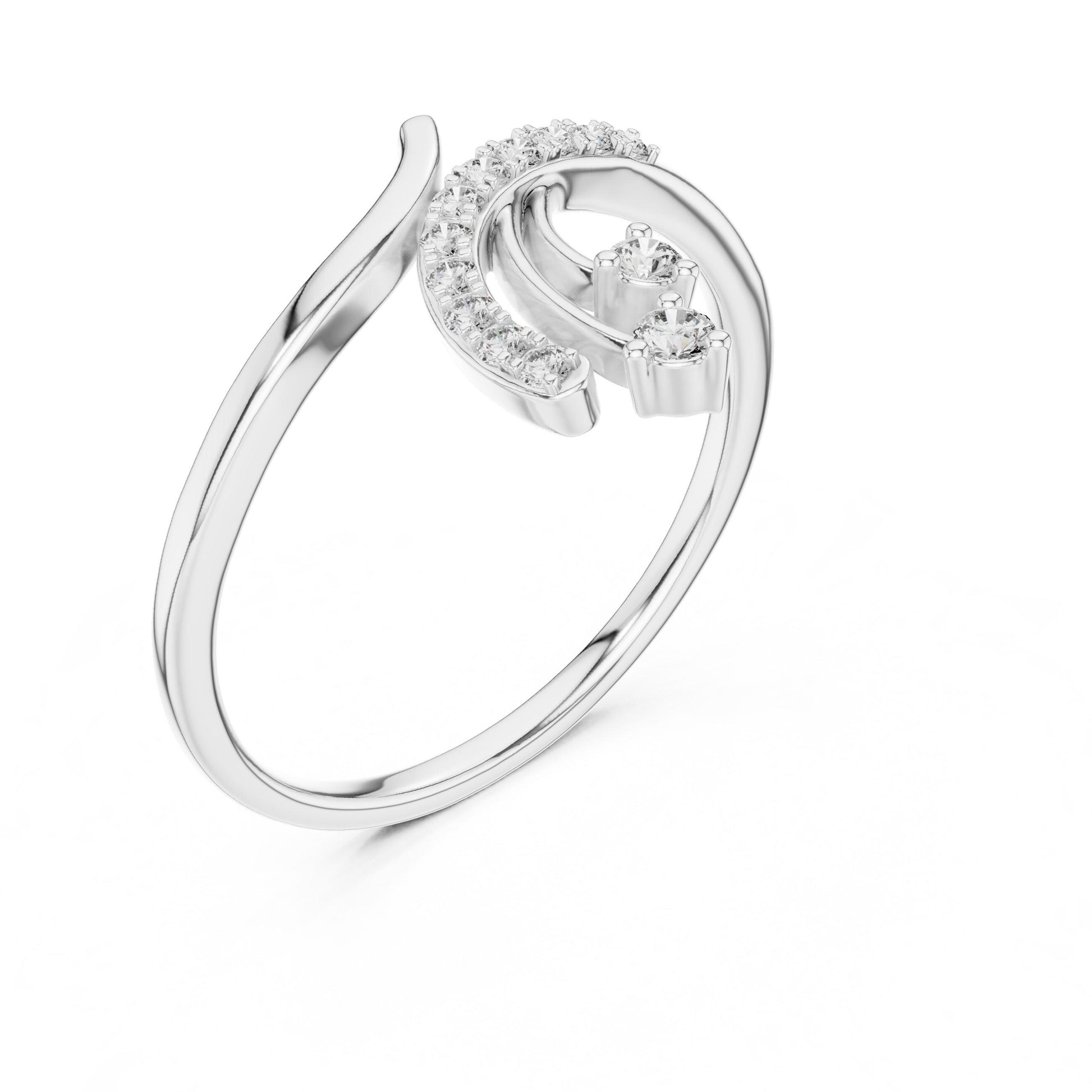 Riora moissanite curved diamond ring in rose gold, silver, and gold options, showcasing a minimalist stacking design and unique engagement style.