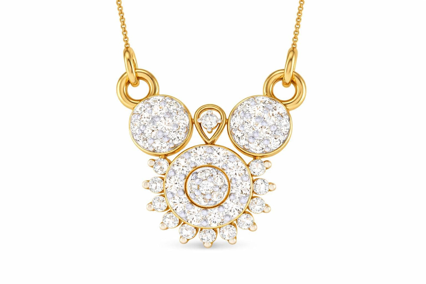 Riora moissanite statement bridal necklace with gold pendant, rose gold finish, silver accents, and diamond-like sparkle.