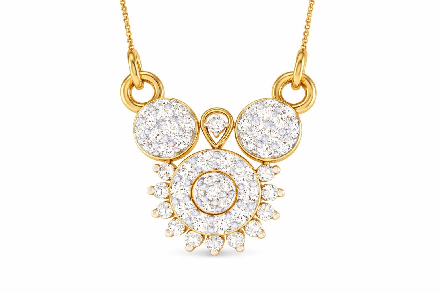 Riora moissanite statement bridal necklace with gold pendant, rose gold finish, silver accents, and diamond-like sparkle.