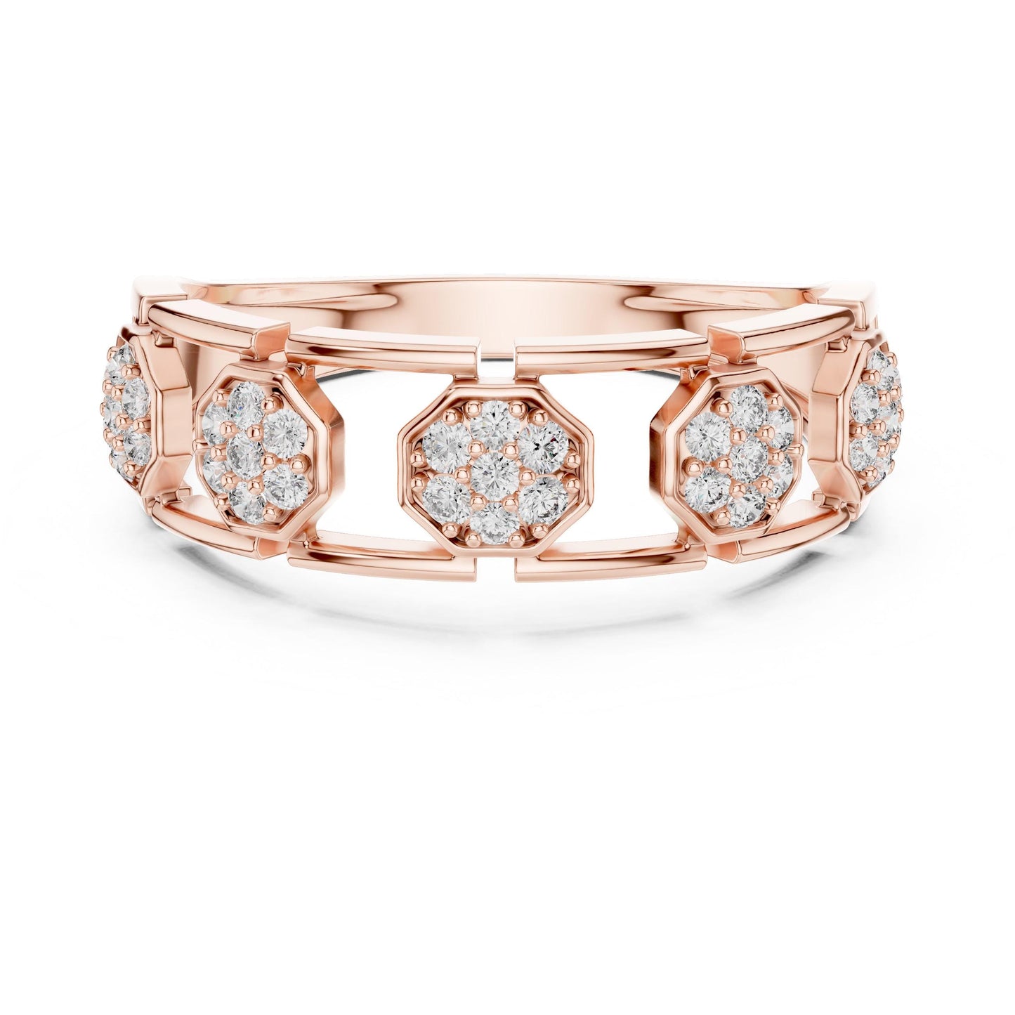 Riora cubic zirconia hexagon band ring for women, available in gold, rose gold, and silver, in sizes 5-11, suitable for wedding or promise.