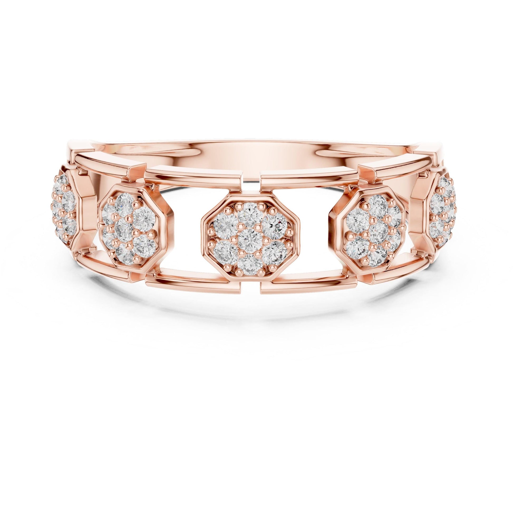 Riora cubic zirconia hexagon band ring for women, available in gold, rose gold, and silver, in sizes 5-11, suitable for wedding or promise.