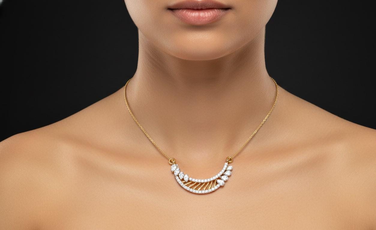 Moissanite Curved Pendant Necklace, Gold Rose Silver Adjustable Chain, Bridal Gift, Minimal Diamond Look Jewelry