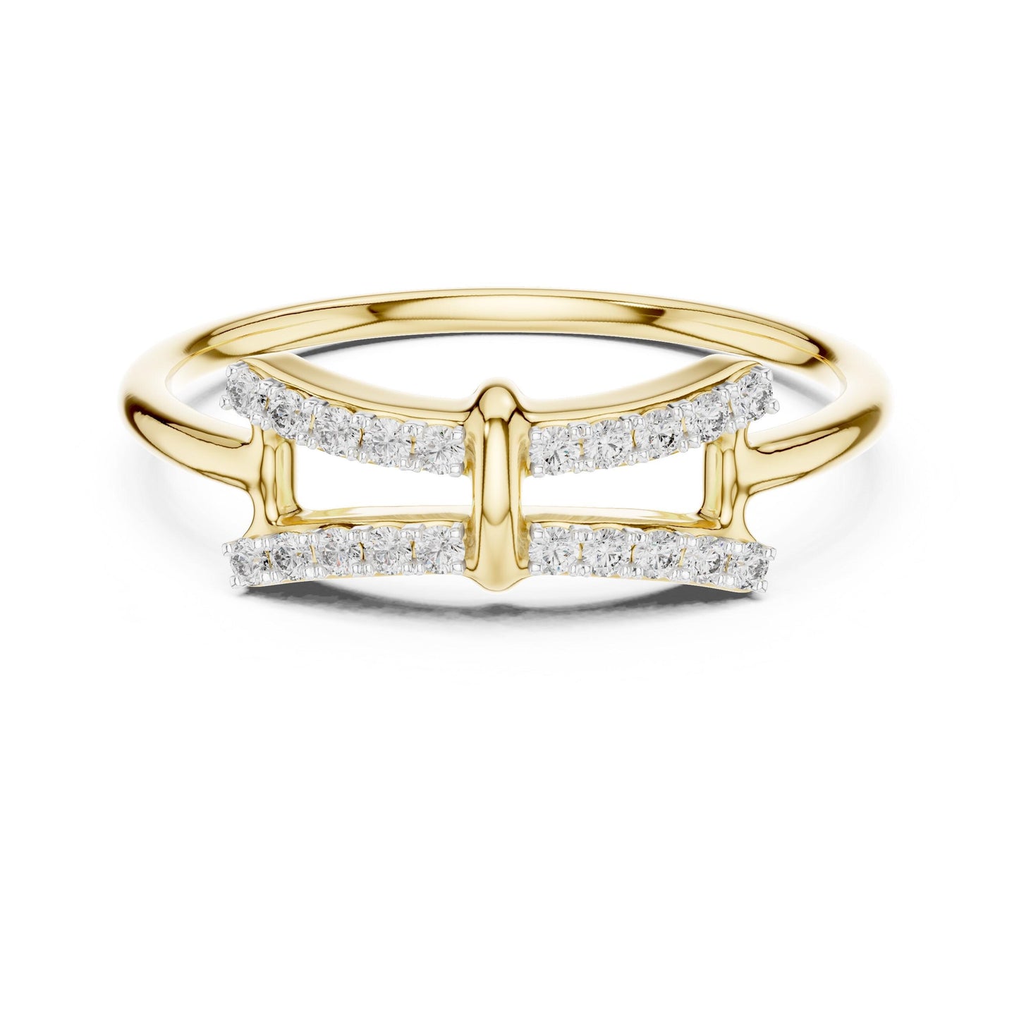 Rose gold moissanite bow ring with diamond-style split band, minimalist design, perfect for promise or wedding jewelry.