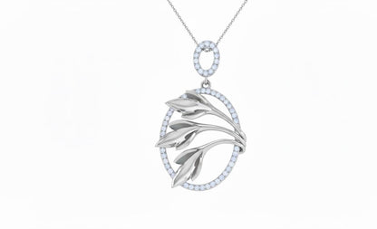 Leaf Oval Pendant Necklace, Gold Rose Silver Botanical Charm,  Gift for Her Valentine