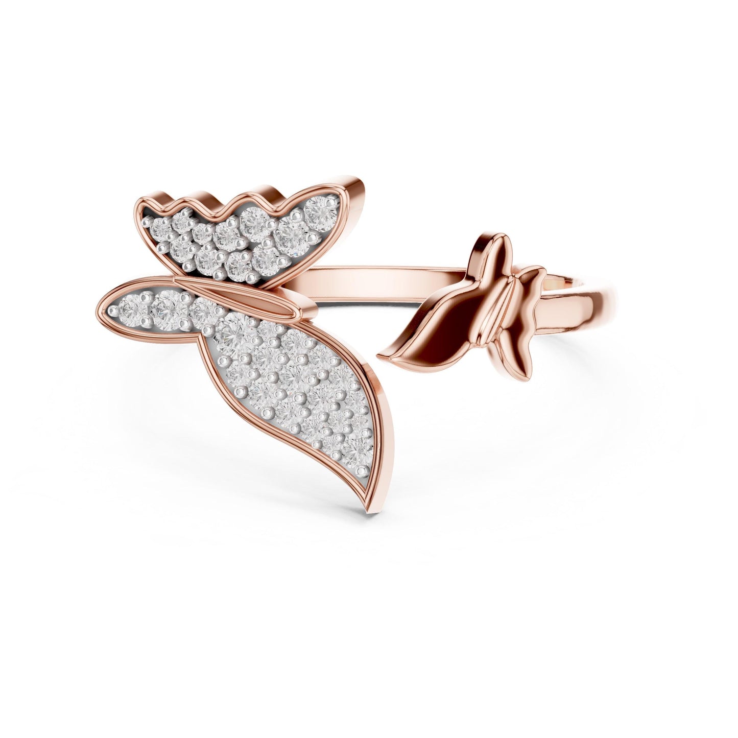 Riora moissanite butterfly ring with nature-inspired design, minimalist gold, rose gold, and silver band featuring diamond-like sparkle.