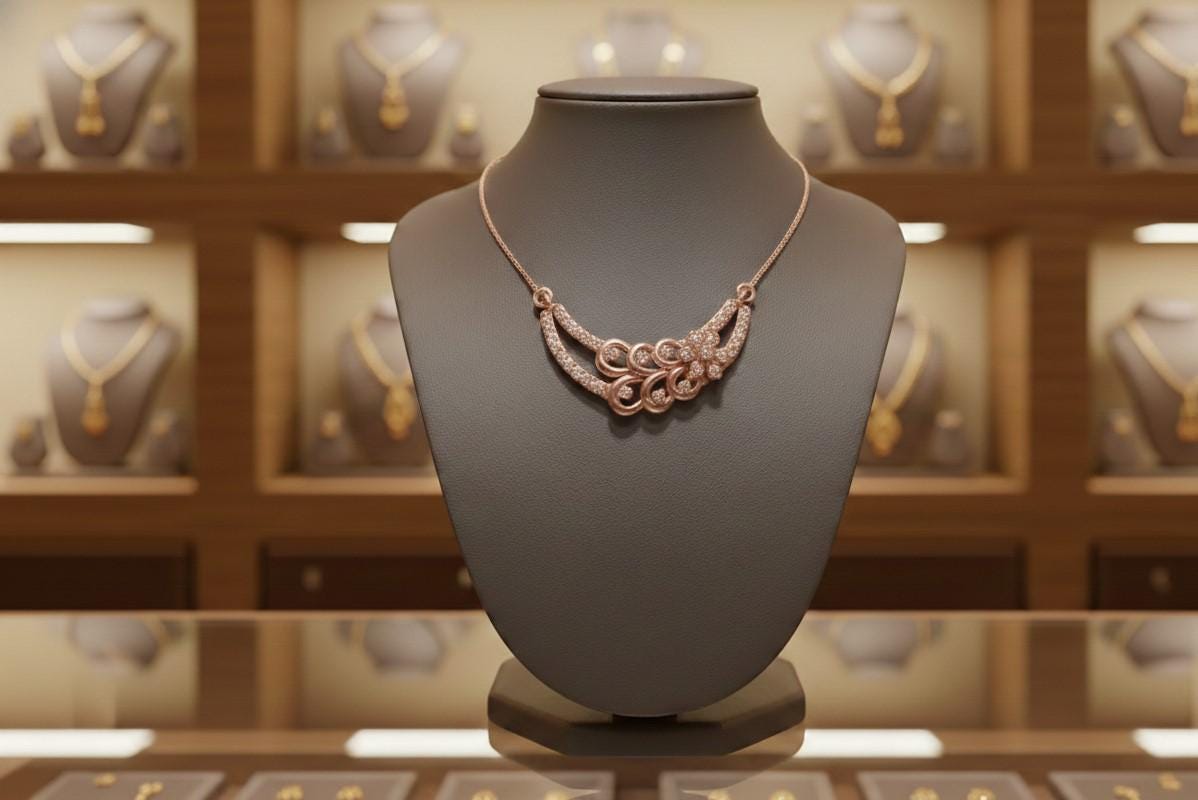 Rose gold minimalist moissanite diamond pendant necklace by Riora, featuring a dainty bridal jewelry design on a delicate chain.