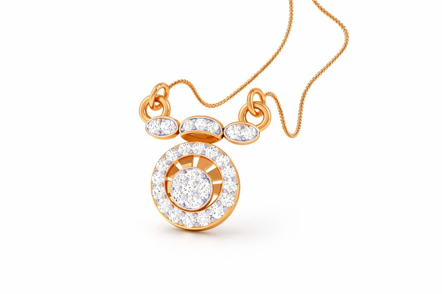 Riora moissanite halo pendant necklace in rose gold, gold, and silver with adjustable chain, minimal bridal jewelry design.