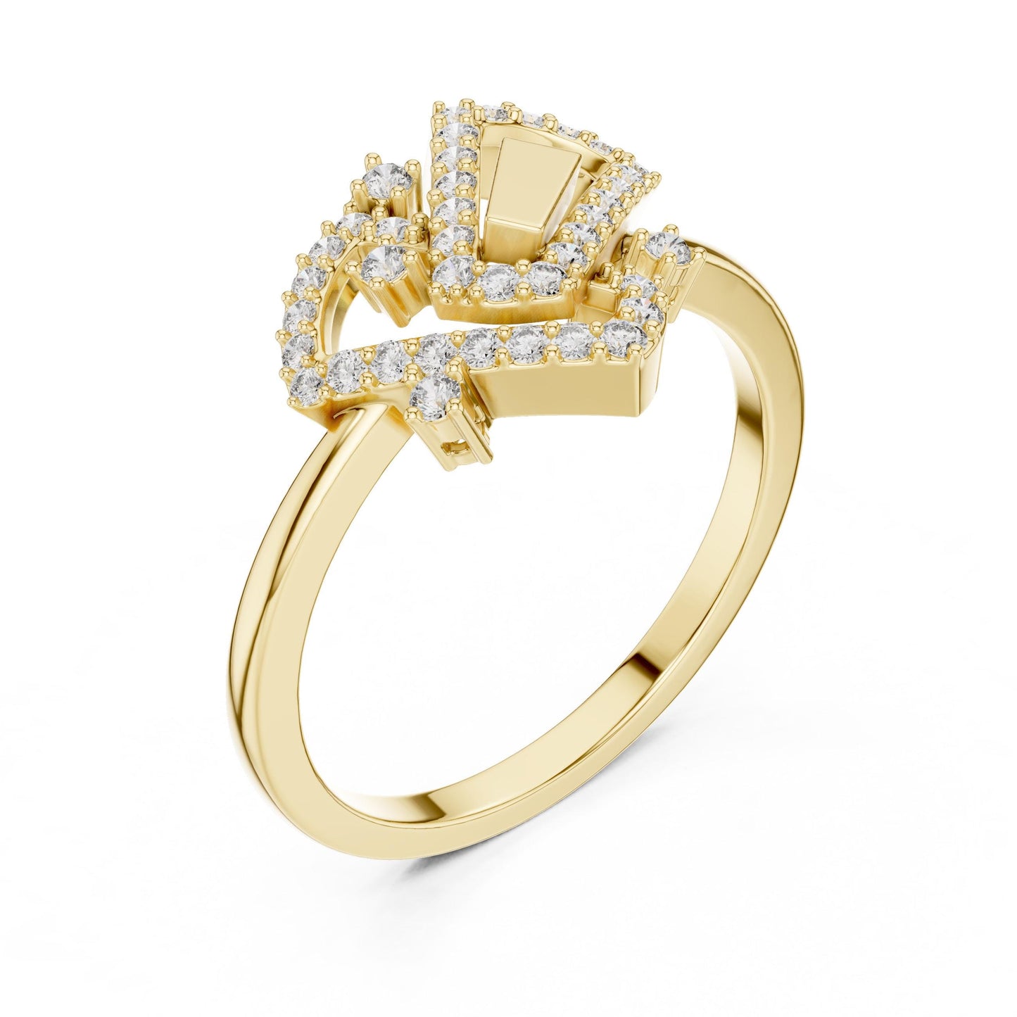 Riora luxury geometric moissanite diamond ring with gold and silver band, minimalist modern engagement jewelry.